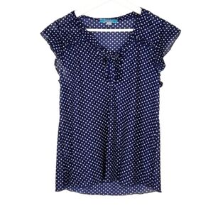 Vintage Semi-Sheer Polka Dot Tie Neck Short Sleeve Blouse Top, Size L